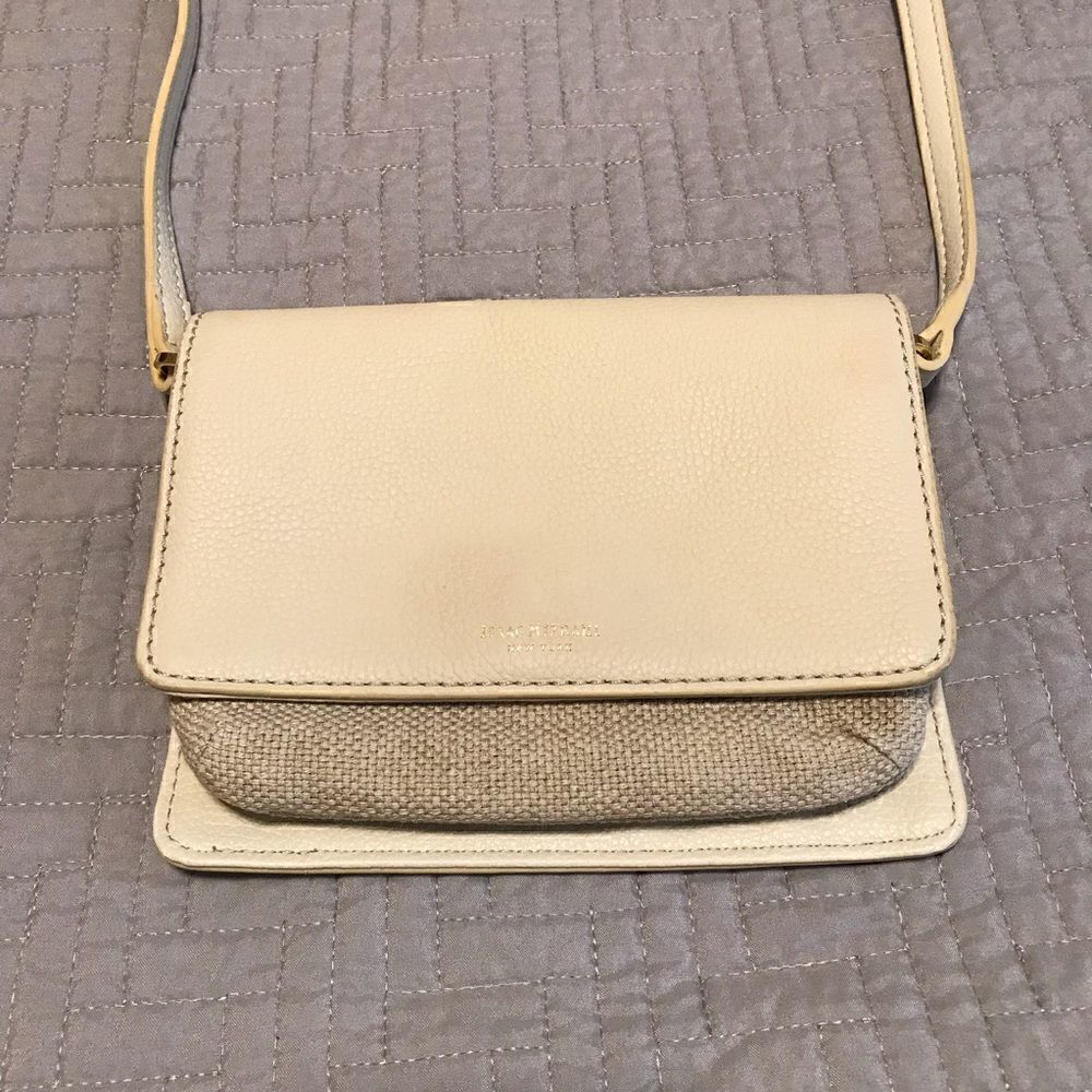 Vintage Isaac Mizrahi Small Crossbody Pebbled Leather and Burlap Purse. Cream